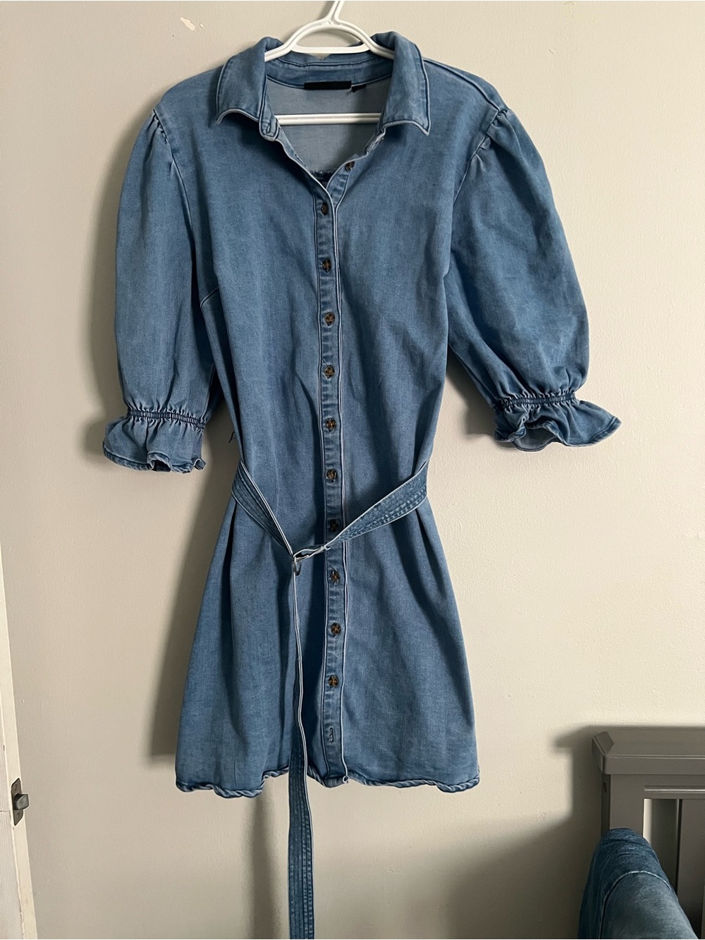 NEW NEVER WORN Denim Button-Front Shirt Dress with Puff Sleeves size large